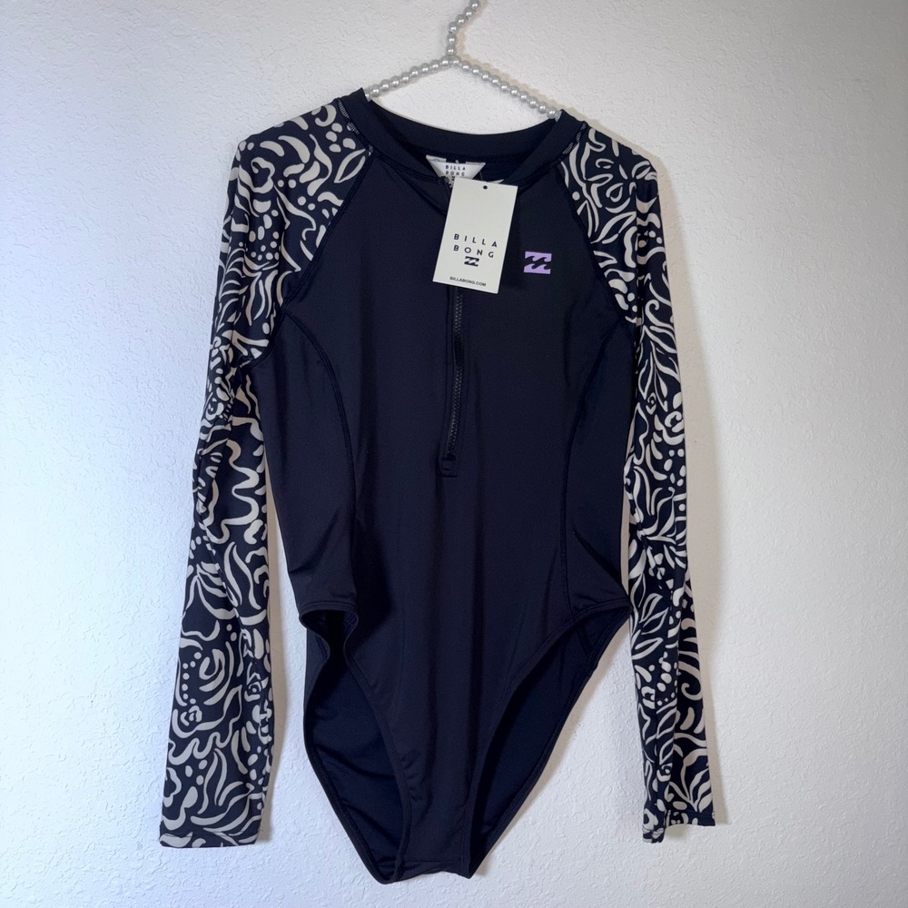 Billabong LS Tropic Body Suit XL Black New Long Sleeve Rash Guard Half Zip Print